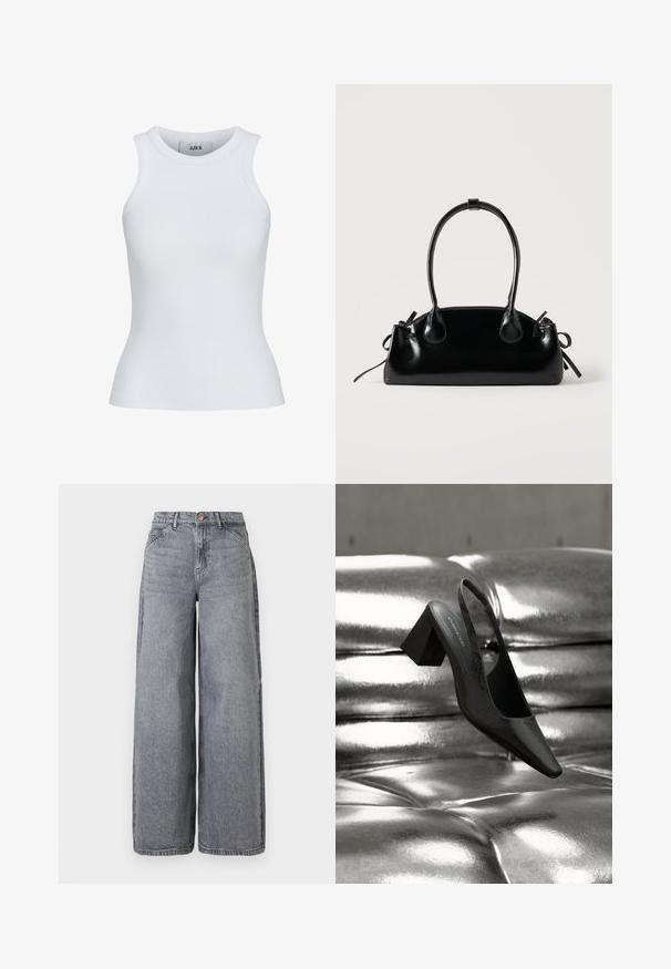 Witte geribde tanktop met een ronde halslijn en zonder mouwen. Heeft een slim fit en een zachte textuur, geschikt voor lagen.; Wijde denim jeans in een vervaagde grijze was, met vijf zakken, een knoopsluiting en een zachte textuur met subtiele whiskerdetails.; Zwarte slingback hak met een puntige neus, voorzien van een getextureerd oppervlak en een stevige blokhak. Geplaatst tegen een glanzende, metallic achtergrond.; Kleine zwarte glanzende handtas met twee lange hengsels en zijkant trekkoord details op een effen lichte achtergrond.