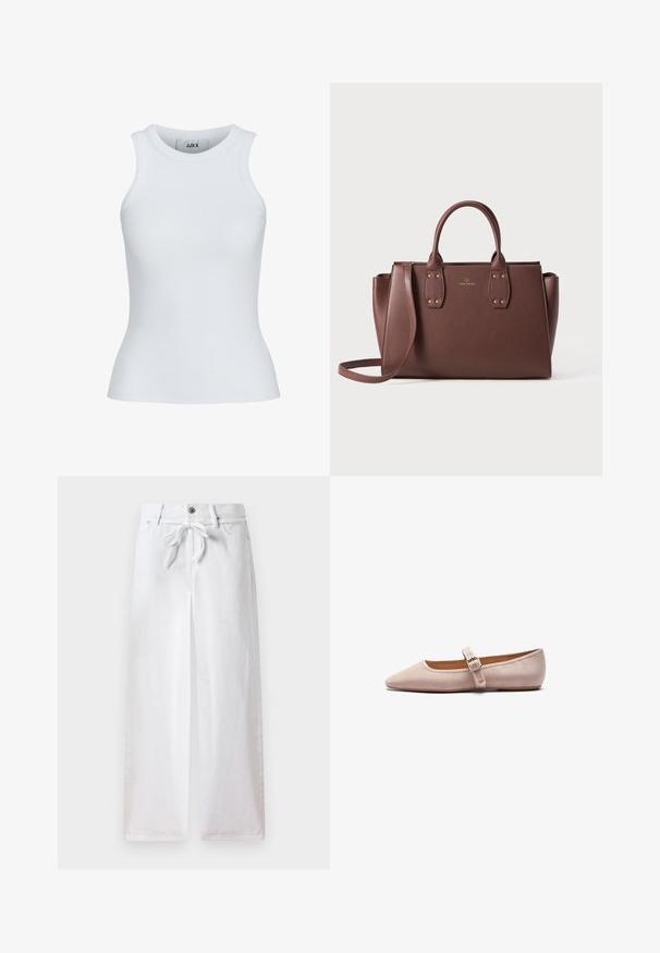 Witte geribde tanktop met een ronde halslijn en zonder mouwen. Heeft een slim fit en een zachte textuur, geschikt voor lagen.; Witte wijde broek van katoen. Voorzien van een trekkoord in de taille en een knoopsluiting. Gladde textuur met een minimalistisch ontwerp.; Roze suede balletschoenen met een puntige neus, een enkele gespband over de wreef en een gladde matte afwerking.; Bruine leren handtas met dubbele bovenhandvatten, een verstelbare schouderriem, hardware in goudkleur en een gestructureerde vorm. Elegante merkdetails zijn aanwezig.