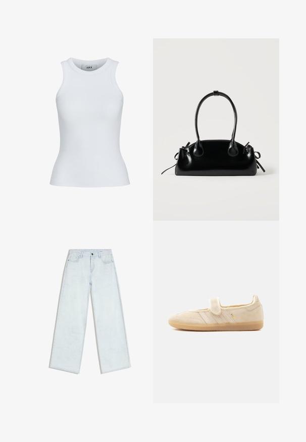 Weißes, geripptes Tanktop mit runder Ausschnittform und ärmellosem Design. Hat eine Slim-Fit-Passform und eine weiche Textur, ideal zum Lagenlook.; Hellblaue Jeans mit weitem Bein, vorne mit Knopf und Reißverschluss, Gürtelschlaufen und Fünf-Taschen-Stil, flach auf weißem Hintergrund ausgelegt.; Beiger Wildleder-Mary-Jane-Sneaker mit Klettverschluss, Gummisohle, drei aufgenähten Streifen und goldenem "SAMBA"-Logo an der Seite.; Kleine schwarze glänzende Handtasche mit zwei langen Griffen und seitlichen Kordelzug-Details vor einfachem hellem Hintergrund.