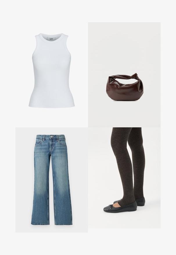 Hvid ribbet tanktop med en rund udskæring og ærmeløst design. Har en slim fit og blød tekstur, velegnet til lagpåsætning.; Lyseblå denimjeans med bred benform, der har en mellemhøj talje, forlommer og diskret falming, der viser en glat tekstur.; Ben iført mørke ribbede leggings kombineret med sorte balletsko med små sløjfedetaljer på hvid baggrund.; Mørkebrun læder skuldertaske med en blød, afslappet form og et snoet knudehåndtag på en ensartet hvid baggrund.