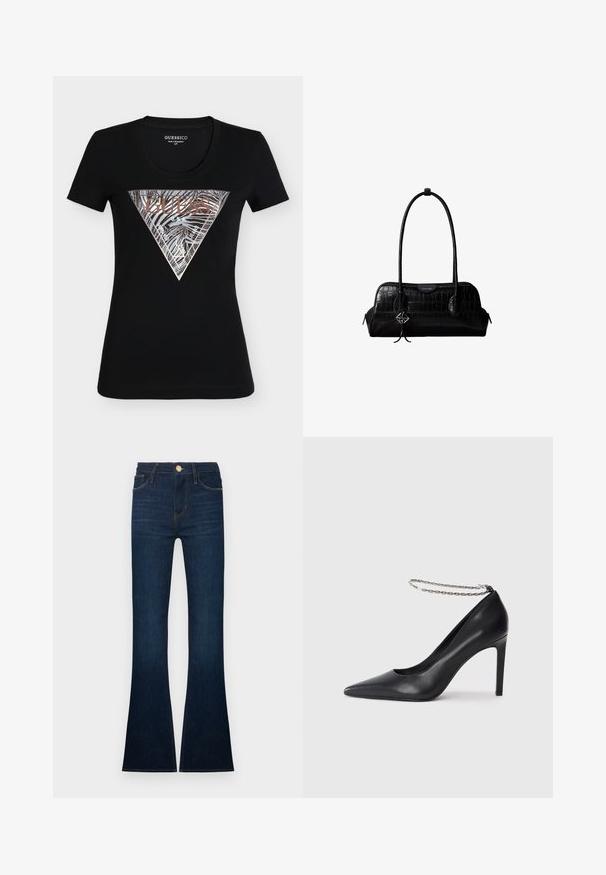 Μαύρο εφαρμοστό κοντομάνικο T-shirt Guess με μεταλλικό ασημί και μπρονζέ τρίγωνο λογότυπο με ρίγες ζέβρας και το κείμενο "Guess U.S.A."; Σκούρα μπλε καμπάνα τζιν φτιαγμένα από τζιν ύφασμα, με ψηλή μέση, πέντε τσέπες και χρυσές ραφές. Τα τελειώματα είναι φαρδιά και ελαφρώς ξεφτισμένα.; Μαύρο δερμάτινο ψηλοτάκουνο παπούτσι με μυτερή μύτη, που διαθέτει λεπτό αλυσίδα αστραγάλου σε ασημί χρώμα και κομψή, λεία υφή.; Μαύρη δερμάτινη τσάντα ώμου με υφή κροκοδείλου, μακριά λουριά και μικρό ασημένιο λογότυπο σε ένα από τα λουριά.