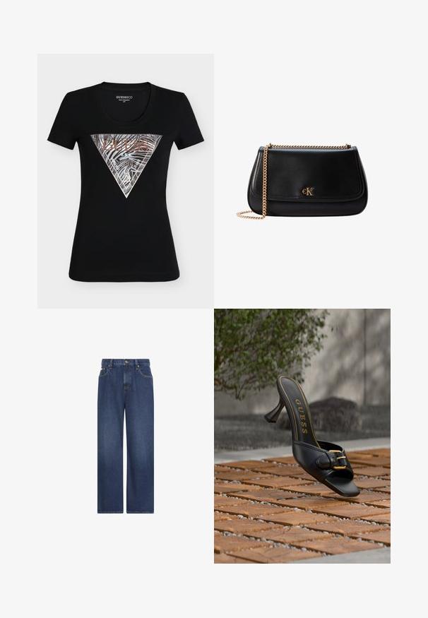 Μαύρο εφαρμοστό κοντομάνικο T-shirt Guess με μεταλλικό ασημί και μπρονζέ τρίγωνο λογότυπο με ρίγες ζέβρας και το κείμενο "Guess U.S.A."; Σκούρα μπλε τζιν με φαρδιά μπατζάκια, εμπρόσθιες τσέπες, θηλιές για ζώνη και κούμπωμα με κουμπί στη μέση, σε λευκό φόντο.; Μαύρο mule με ψηλό τακούνι, χρυσή αγκράφα και λογότυπο «GUESS» στο εσωτερικό, τοποθετημένο σε υφασμένο πλακόστρωτο εξωτερικού χώρου με θολό πράσινο φόντο.; Μαύρη δερμάτινη τσάντα ώμου με χρυσή αλυσίδα και μικρό χρυσό λογότυπο CK στο μπροστινό καπάκι.