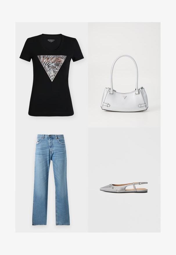 T-shirt noir ajusté Guess à manches courtes avec un logo triangulaire métallique argent et bronze comportant des rayures zèbre et le texte "Guess U.S.A."; Jeans en denim bleu clair avec une coupe droite, dotés d'une taille standard, de cinq poches et d'un léger dégradé sur le tissu.; Ballerine argentée à bout pointu avec bride arrière, finition texturée et ornements décoratifs argentés sur la bride avant.; Sac à main argenté avec un design structuré, doté de deux poignées, d'une texture brillante, de quincaillerie accentuée et d'un logo triangulaire sur le devant.