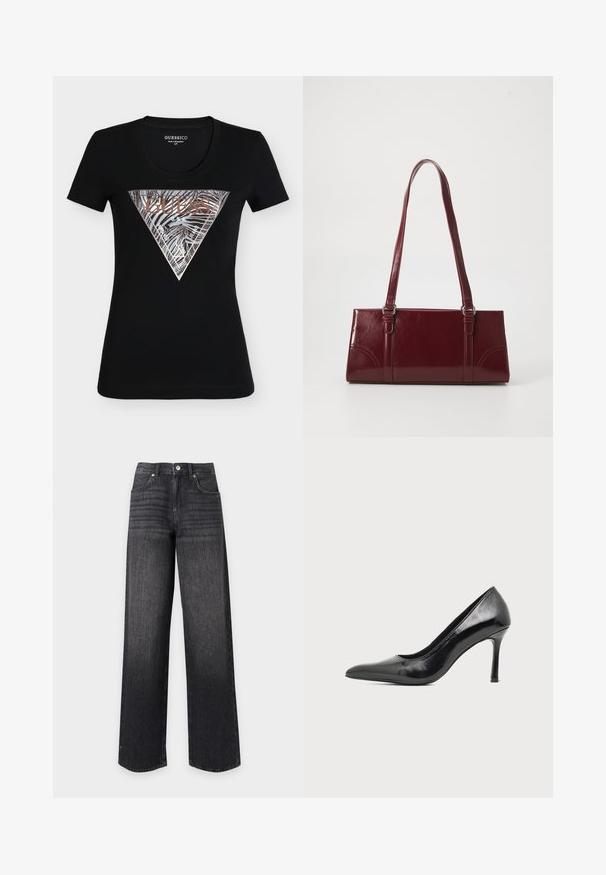 T-shirt noir ajusté Guess à manches courtes avec un logo triangulaire métallique argent et bronze comportant des rayures zèbre et le texte "Guess U.S.A."; Jean en denim noir taille haute à jambes droites avec poches avant, passants de ceinture, bouton et fermeture éclair sur fond blanc.; Chaussure à talon haut pour femme en cuir verni noir avec bout pointu et talon fin sur fond clair uni.; Sac à main bordeaux en matériau brillant, de forme rectangulaire, avec deux anses et des accents légèrement courbés à l'avant.