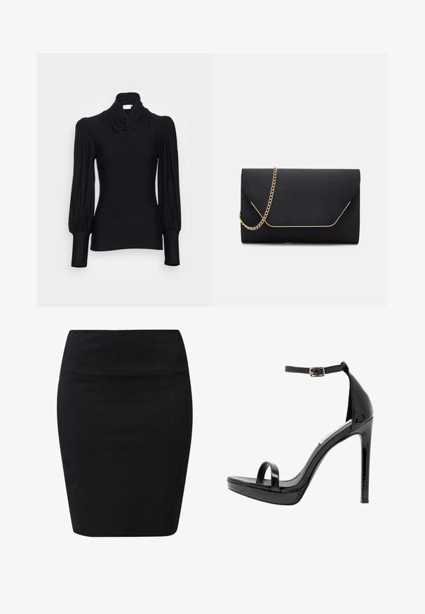 Top de manga larga negro con cuello alto, con hombros fruncidos y mangas ajustadas. Fabricado en un material suave y elástico.; Falda lápiz negra hecha de tela elástica. Presenta un diseño suave y ceñido con una cintura alta y sin cierres ni costuras visibles.; Steve Madden MILANO - Sandalias de tacón - black; Bolso de mano negro con una textura suave, que presenta una cadena dorada y un cierre de solapa geométrica delineado en dorado.