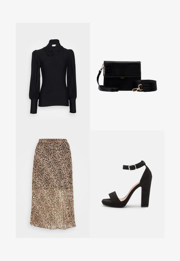 Top de manga larga negro con cuello alto, con hombros fruncidos y mangas ajustadas. Fabricado en un material suave y elástico.; IKKS JUPE PLISSEE - Falda plisada - cioccolato; Anna Field Sandalias - black; Bolso bandolera de faux cuero negro con textura de cocodrilo, herrajes dorados y una correa desmontable. Cuenta con un cierre de solapa y un compartimento interior.