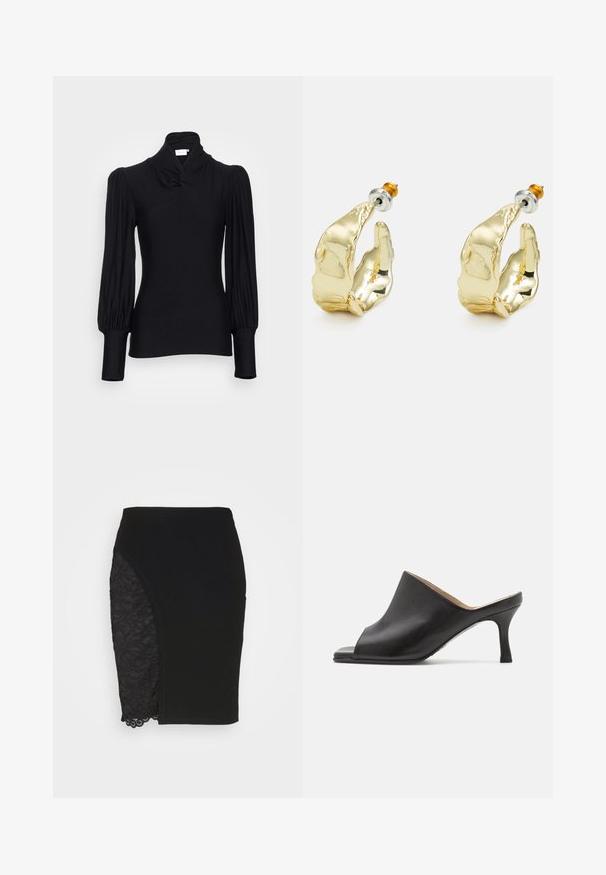 Top de manga larga negro con cuello alto, con hombros fruncidos y mangas ajustadas. Fabricado en un material suave y elástico.; Anna Field by Zalando Falda de tubo - black; Selected ASHLEY - Mules de tacón - black; Pendientes en tono dorado con forma de manos abstractas, que presentan una superficie brillante, detalles intrincados y un poste de plata y oro para un ajuste seguro.