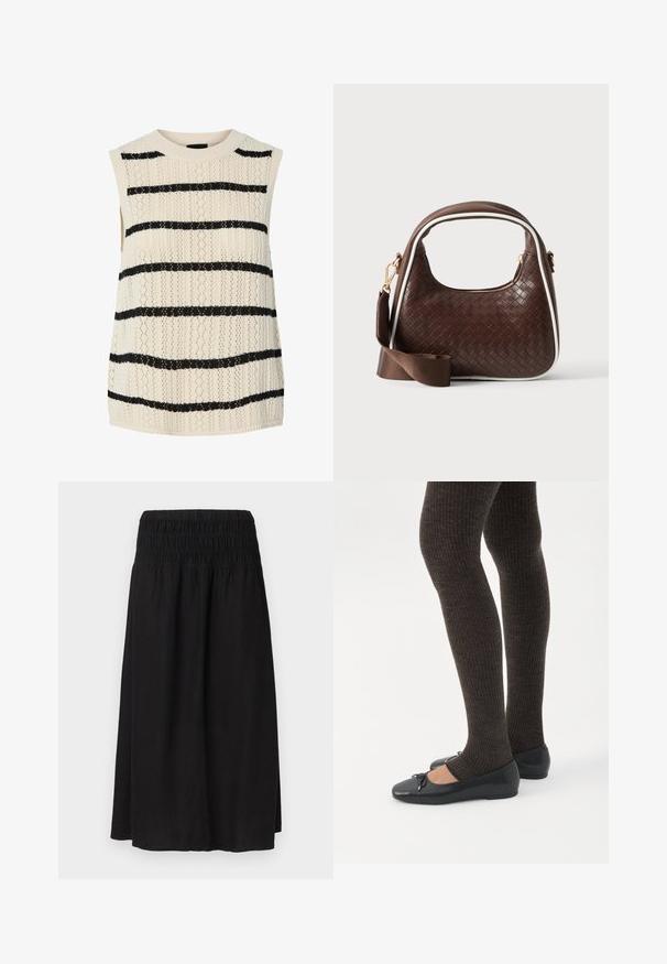 Débardeur en maille crème avec des rayures horizontales noires. Présente un motif texturé et un col côtelé, créant un design léger.; Jupe midi noire avec taille élastique smockée et une silhouette décontractée légèrement évasée sur un fond uni.; Jambes portant des leggings côtelés foncés associés à des ballerines noires avec de petits détails en nœud sur fond blanc.; Sac à main en cuir tressé marron avec passepoil blanc, fermeture éclair dorée et bandoulière amovible en tissu marron.