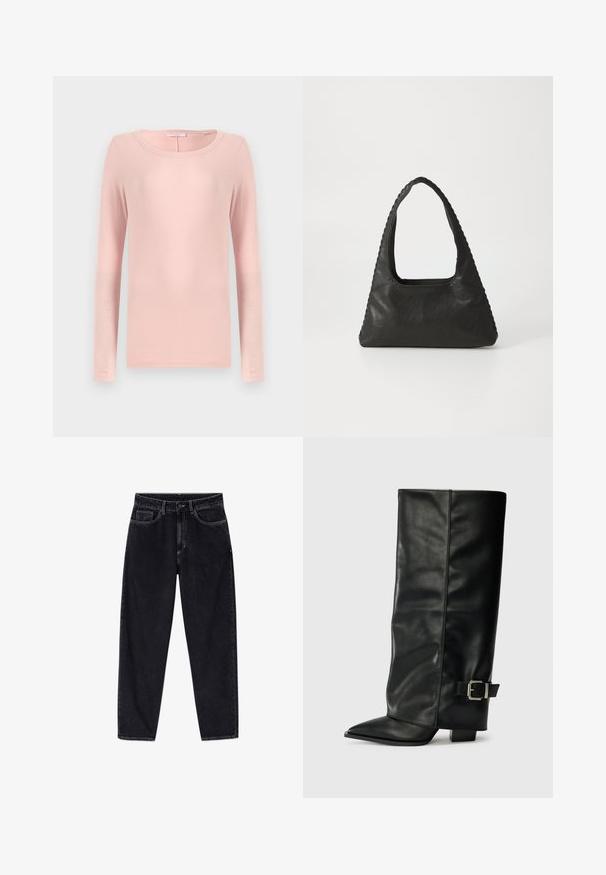 Langsleeve, ronde hals t-shirt van zacht roze stof, met een eenvoudig ontwerp en een gladde textuur. Geen zichtbare patronen of accenten.; Zwarte jeans met hoge taille en rechte pijpen, voorzien van knopen aan de voorkant, rits, riemlussen en vijf zakken, afgebeeld tegen een witte achtergrond.; Zwarte leren enkellange laarzen met een spitse neus, een gladde textuur en een zilveren gesps Accent aan de zijkant. Stevige vierkante hak.; Zwart leren handtas met een triangulaire vorm, een grote uitsparingshandgreep en gedetailleerde stiksels langs de randen. Glad textuur.