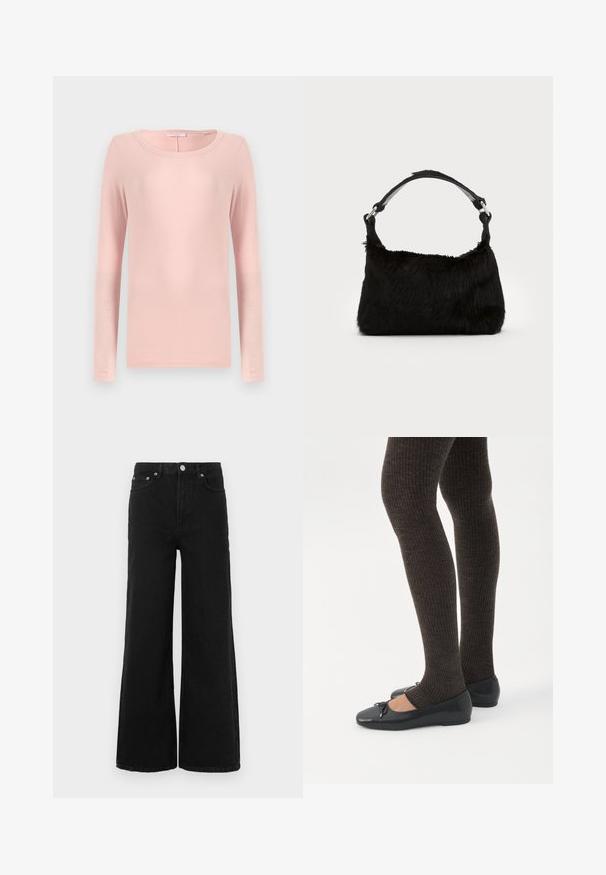 Camiseta de manga larga y cuello redondo en suave tejido rosa, con un diseño sencillo y textura lisa. Sin patrones ni acentuaciones visibles.; Vaqueros negros de pierna ancha hechos de denim; cuentan con cintura alta, bolsillos delanteros y cierre de botón. Sin patrones o adornos visibles.; Piernas con leggings oscuros acanalados combinados con bailarinas negras que presentan pequeños detalles de lazo sobre un fondo blanco.; Bolso de mano de piel sintética negra con una textura suave, forma redondeada y una resistente correa de cuero negro para el hombro. Acentos de herrajes plateados visibles.