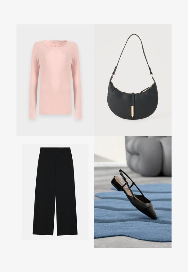 Langsleeve, ronde hals t-shirt van zacht roze stof, met een eenvoudig ontwerp en een gladde textuur. Geen zichtbare patronen of accenten.; Zwart, wijde broek van een gladde stof. Heeft een plat tailleband met riemlussen en geen zichtbare zakken. Eenvoudig ontwerp.; Zwarte slingback schoen van lakleer met een lage blokhak, rustend op een gestructureerd blauw golvend tapijt en grijze, gewatteerde meubels.; Zwarte handtas in halve maanvorm met een enkele band, gouden rits en een gouden rechthoekige decoratieve tab aan de voorkant.