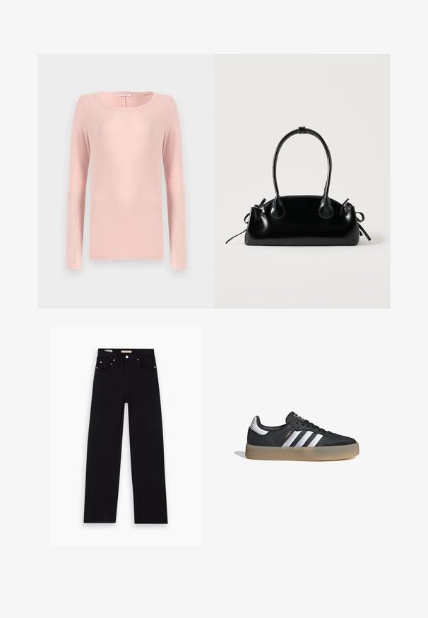 Camiseta de manga larga y cuello redondo en suave tejido rosa, con un diseño sencillo y textura lisa. Sin patrones ni acentuaciones visibles.; Jeans de mezclilla negros con corte recto, cinco bolsillos, herrajes de cobre y una textura suave. Dos etiquetas visibles en la cinturilla.; Zapatilla deportiva de cuero negro con tres rayas plateadas, punta texturizada y suela de goma. Cuenta con un collar acolchado y un diseño con cordones.; Pequeño bolso negro brillante con dos asas largas y detalles de cordón lateral sobre un fondo claro liso.
