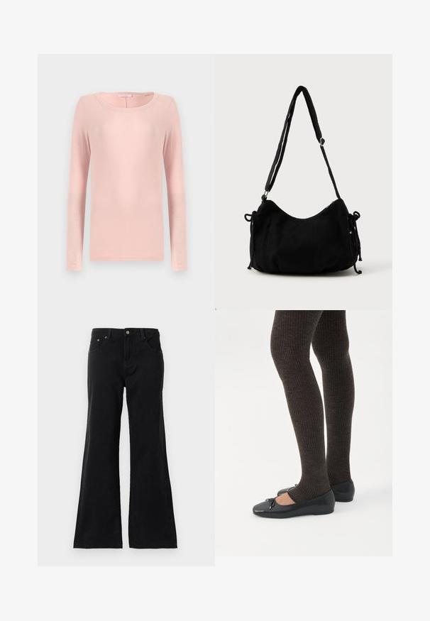 Camiseta de manga larga y cuello redondo en suave tejido rosa, con un diseño sencillo y textura lisa. Sin patrones ni acentuaciones visibles.; Jeans de mezclilla negros de cintura alta con cinco bolsillos y piernas acampanadas, exhibidos sobre un fondo blanco.; Piernas con leggings oscuros acanalados combinados con bailarinas negras que presentan pequeños detalles de lazo sobre un fondo blanco.; Bolso de hombro de pana negra con forma curva, correa ajustable y cierres de cordón en ambos lados para ajustar el tamaño.