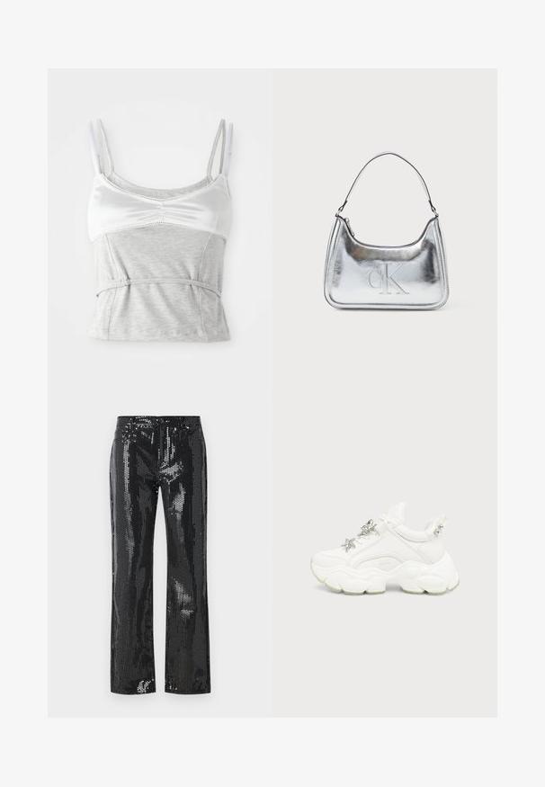 Camiseta sin mangas gris y blanca con tirantes ajustables, que presenta una sección superior de satén y una sección inferior de algodón gris texturizado, ceñida en la cintura.; Pantalones negros con lentejuelas que presentan un diseño ajustado con pernera acampanada. La tela tiene una textura brillante con un patrón de pequeños discos reflectantes.; Zapatilla blanca gruesa con suela gruesa texturizada, estrella plateada y decoraciones de mariposa en los cordones blancos, y tachuelas plateadas en la lengüeta del talón.; Bolso de mano metálico plateado con forma curva, cierre de cremallera y correa para el hombro. Presenta el logo "CK" grabado en la parte frontal.