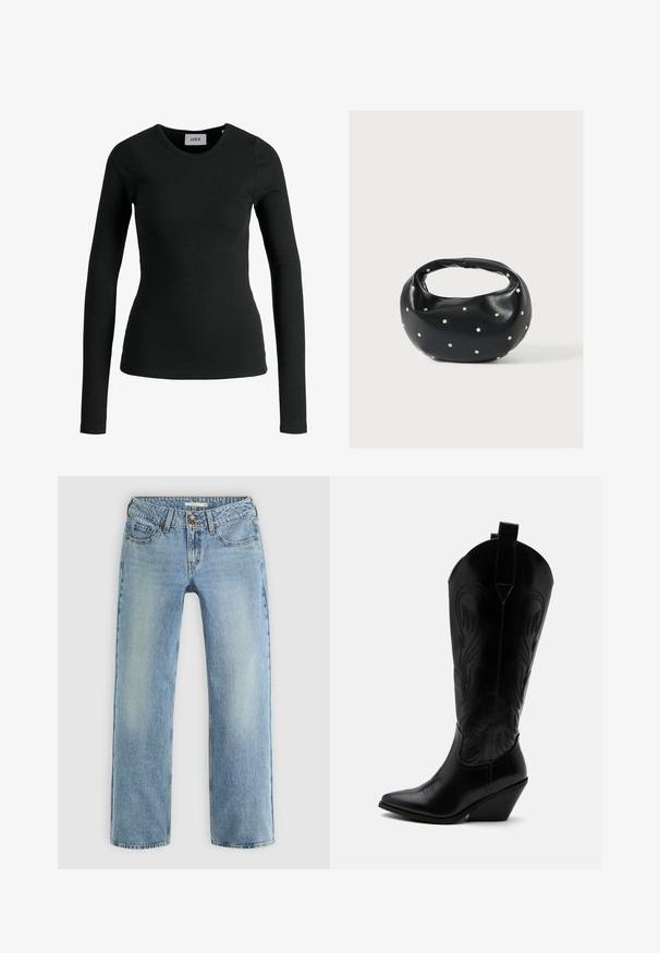 T-shirt à manches longues noir en tissu côtelé extensible avec un col rond. Présente une construction sans coutures et un design ajusté.; Jeans droits bleu clair en denim, dotés d'une fermeture à bouton, de cinq poches et d'un léger dégradé le long des jambes.; Botte de cowboy en cuir noir avec bout pointu, talon bloc incliné, couture décorative et languettes en haut sur fond blanc.; Sac à main en cuir noir de forme arrondie, décoré de clous argentés et équipé d'une poignée courte. Texture lisse et fermeture éclair.