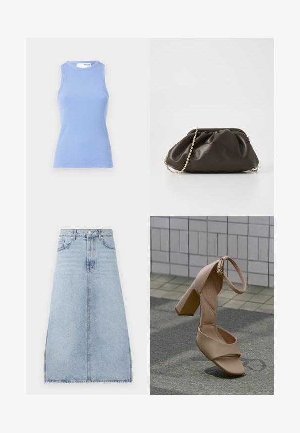 Svetlomodrý rebrovaný top bez rukávov s okrúhlym výstrihom. Má priliehavý strih a hladkú textúru.; Svetlomodrá denim midi sukňa s predným zapínaním na gombíky a zips, bočnými vreckami a pútkami na opasok, vystavená na bielej pozadí.; Béžová sandála na vysokom opätku s remienkom okolo členka a blokovým opätkom, zobrazená šikmo vedľa obkladanej steny a textúrovaného povrchu zeme.; Hnedá kožená kabelka so zberaným dizajnom, zlatým reťazovým popruhom a mäkkým, textúrovaným povrchom. Kompaktný tvar vhodný na večerné použitie.