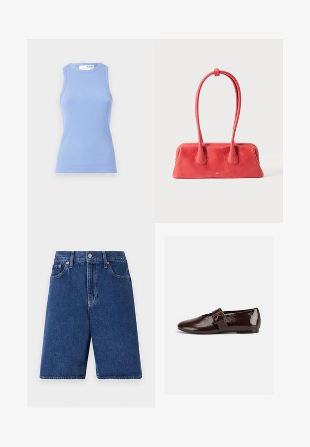 Lichtblauwe geribbelde tanktop met een ronde hals en zonder mouwen. Heeft een aansluitende silhoeet en een gladde textuur.; Donkerblauwe denim shorts met een klassieke pasvorm, vijf-pocket ontwerp en oranje stiksel. Afgewerkt met een knoop en rits aan de voorkant.; Donkerbruine lakleren platte schoen met een grote gouden gesp en een afgeronde teen, zijaanzicht op een witte achtergrond.; Rode lederen handtas met een lange, dunne lusvormige handgreep die bovenaan is vastgezet, afgebeeld tegen een egale lichte achtergrond.