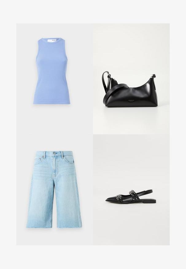 Top sin mangas de canalé azul claro con cuello redondo. Presenta una silueta ajustada y una textura suave.; Pantalones cortos de mezclilla azul claro con un ajuste holgado, dobladillo deshilachado, cinco bolsillos y herrajes metálicos. Diseño clásico de jeans con un ligero desvanecimiento.; Even&Odd by Zalando Bailarinas con tira trasera - black; Bolso de mano de cuero negro con una textura suave. Cuenta con una correa ajustable y un diseño elegante y minimalista con cierre de cremallera.