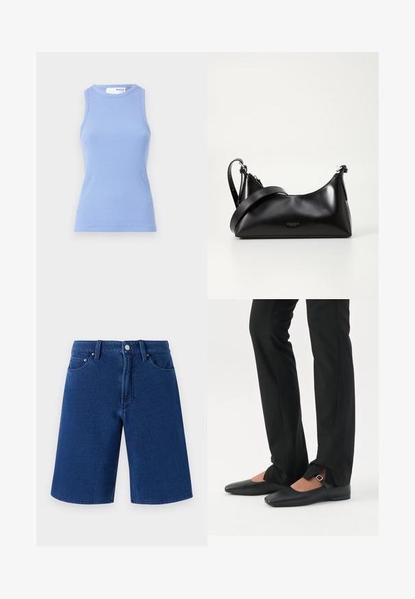 Lichtblauwe geribbelde tanktop met een ronde hals en zonder mouwen. Heeft een aansluitende silhoeet en een gladde textuur.; Blauwe denim shorts met een rechte snit, vijf zakken ontwerp en een zichtbare tailleband met een metalen knop en riemlussen.; Benen met zwarte smalle broek met voorsplitten aan de zoom, gecombineerd met zwarte platte Mary Jane-schoenen met een klein gespje.; Zwarte leren handtas met een gladde textuur. Beschikt over een verstelbare schouderband en een strak, minimalistisch ontwerp met een ritssluiting.