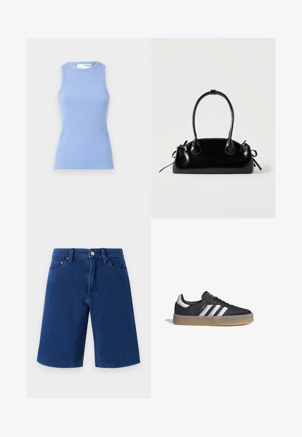 Top sin mangas de canalé azul claro con cuello redondo. Presenta una silueta ajustada y una textura suave.; Shorts de mezclilla azul con un corte recto, diseño de cinco bolsillos y una cinturilla visible que cuenta con un botón de metal y trabillas para el cinturón.; Zapatilla deportiva de cuero negro con tres rayas plateadas, punta texturizada y suela de goma. Cuenta con un collar acolchado y un diseño con cordones.; Pequeño bolso negro brillante con dos asas largas y detalles de cordón lateral sobre un fondo claro liso.