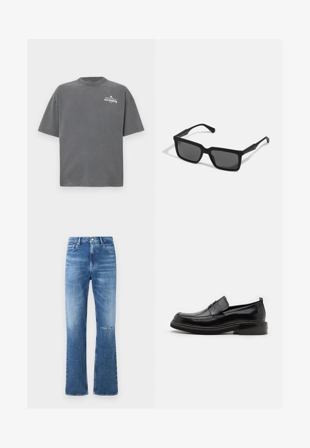 Donkergrijs T-shirt met korte mouwen en ronde hals met klein wit "ALLSAINTS"-logo op de linker bovenborst.; Blauwe denim flare jeans met een vervaagde wassing en versleten knie-details. Heeft een knoop- en ritssluiting, klassieke vijf-pocket ontwerp.; Calvin Klein MOCCASIN - Zakelijke loafers - black; Zwarte zonnebril met rechthoekige lenzen, matte afwerking, dikke montuur en slanke veren met subtiele merkaanduiding.
