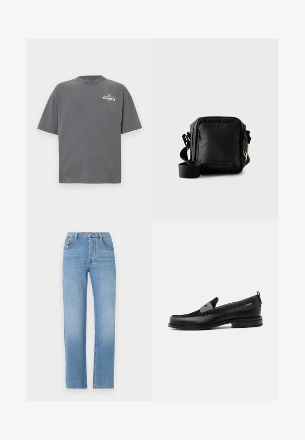 Donkergrijs T-shirt met korte mouwen en ronde hals met klein wit "ALLSAINTS"-logo op de linker bovenborst.; Lichtblauwe denim jeans met een recht design, knoopsluiting, vijf-pocket styling en een subtiele vervaging. Klassieke jeanssilhouet.; Zwarte leren loafer met grijs riemdetailelement, lage hak en gestructureerde zool, aan de zijkant gebrandmerkt met "HUGO" in goud.; Zwarte compacte crossbodytas met voorvak met rits, verstelbare riem en gestructureerde stof tegen een effen achtergrond.