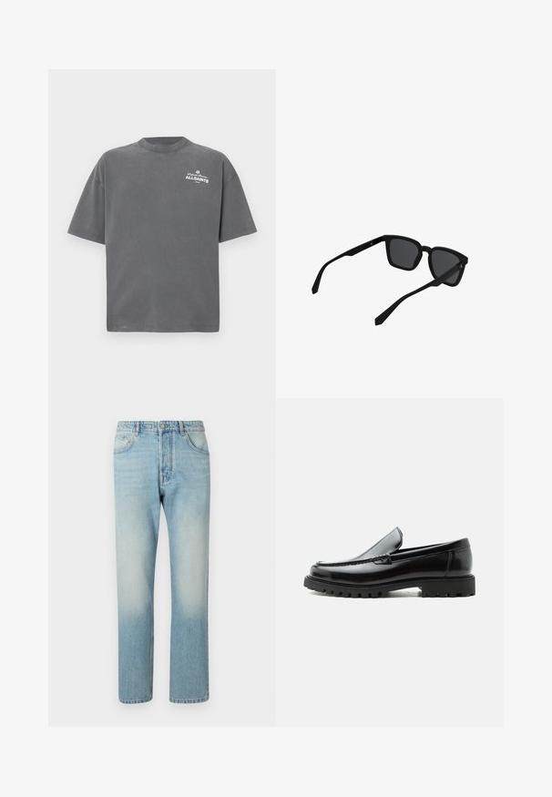 Mørkegrå T-shirt med korte ærmer og rund hals med lille hvid "ALLSAINTS"-logo på øverste venstre bryst.; Lyseblå jeans lavet af denim, med et lige ben-design, fem lomme-struktur og falmet vaskeffekt ved lårene.; Sort læderloafer med chunky gummisål, syet overdel og præget mærkenavn på hælen, vist i sideprofil på hvid baggrund.; Sorte rektangulære solbriller med tykke stel og mørke linser vist i en let vinkel mod en hvid baggrund.