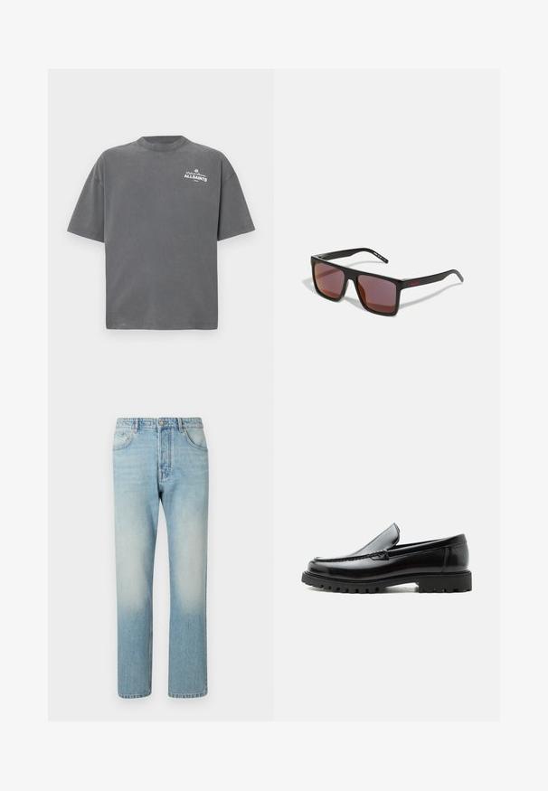 Mørkegrå T-shirt med korte ærmer og rund hals med lille hvid "ALLSAINTS"-logo på øverste venstre bryst.; Lyseblå jeans lavet af denim, med et lige ben-design, fem lomme-struktur og falmet vaskeffekt ved lårene.; Sort læderloafer med chunky gummisål, syet overdel og præget mærkenavn på hælen, vist i sideprofil på hvid baggrund.; Sorte rektangulære solbriller med mørkerøde linser, med en mat finish og rød logo på stangen. Solid plastikramme.