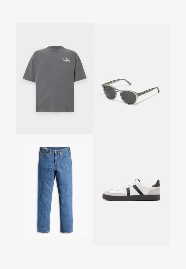 Mørkegrå T-shirt med korte ærmer og rund hals med lille hvid "ALLSAINTS"-logo på øverste venstre bryst.; Blå denimjeans med lige ben, kobbernitter og fem-lomme design. Har en syet kant og et klassisk taljebånd med bæltestropper.; Hvide sneakers med sorte og grå detaljer, med en tekstureret grå tåhætte, sort gummisål og flade hvide snørebånd. Rent design, minimalistisk stil.; Gennemsigtige grå solbriller med mørke linser, rund ramme og grønne accenter på stængerne. Har en poleret overflade for en glat tekstur.