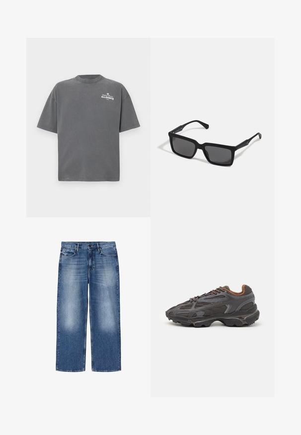 Camiseta de manga corta de color gris oscuro con cuello redondo y pequeño logo blanco "ALLSAINTS" en la parte superior izquierda del pecho.; Vaqueros azules desvaídos de corte recto con cinco bolsillos y cierre de botones, mostrados planos sobre fondo blanco.; Zapatillas Lacoste en gris oscuro con material de malla y sintético, que cuentan con una suela texturizada y detalles en marrón en el cuello y la marca.; Gafas de sol negras con lentes rectangulares, acabado mate, montura gruesa y brazos delgados con un discreto detalle de marca.