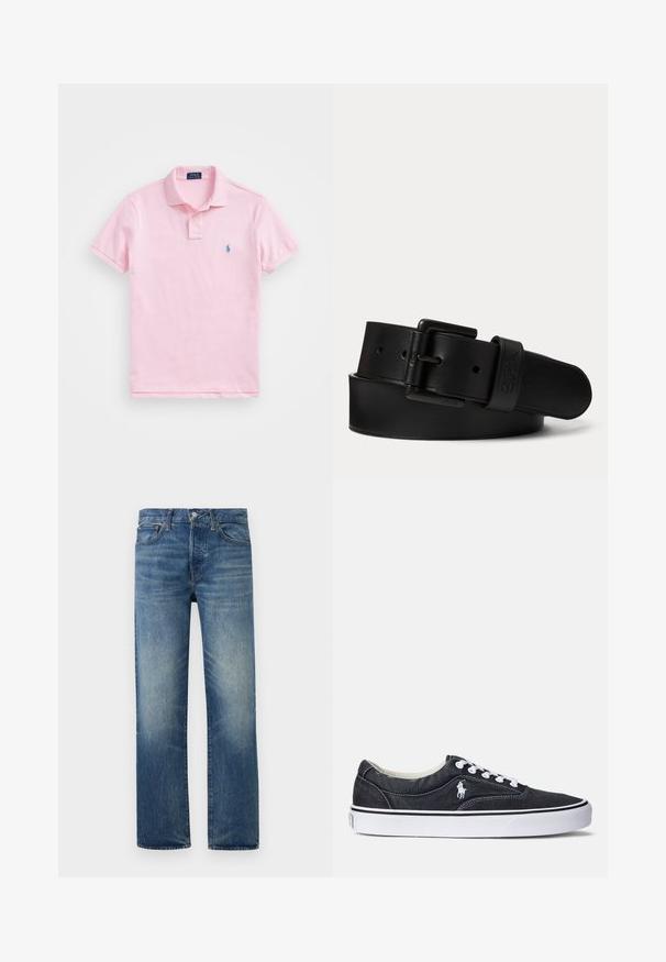 Polo shirt rose clair en coton, avec une patte de boutonnage à deux boutons, des manches courtes et un petit logo bleu brodé sur la poitrine.; Jean en denim bleu délavé à jambe droite avec fermeture avant par bouton et zip, passants pour ceinture et poches avant sur fond uni.; Baskets en denim noir avec des lacets blancs et des semelles en caoutchouc. Présente un petit logo blanc sur le côté et des coutures contrastées. Design plat.; Ceinture en cuir noir avec une boucle rectangulaire noire et un logo embossé sur la boucle, roulée sur un fond clair uni.