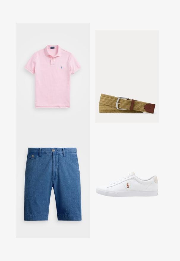 Polo à manches courtes rose clair avec col boutonné et petit logo bleu brodé sur la poitrine gauche.; Shorts bleus avec un motif texturé, dotés d'une fermeture à bouton, de poches avant et d'une coupe droite. Matière en mélange de coton.; Baskets en toile blanches avec un design basse, présentant un onglet de talon beige et un petit logo brodé sur le côté. Semelle en caoutchouc.; Ceinture tressée en tissu beige avec boucle métallique argentée et détails en cuir marron, comprenant un patch logo cousu à l'extrémité.