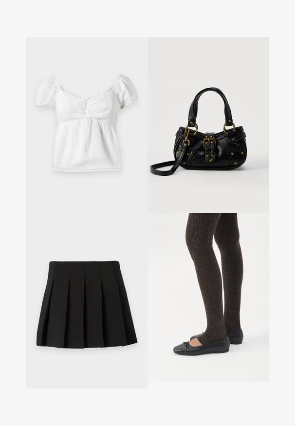 Hvid bomuld bluse med pufsleeves, sammensnøret liv og en buet halsudskæring. Blød tekstur og glat finish med en svajende kant.; Sort plisseret miniskørt med et struktureret design, lavet af et glat materiale. Har en taljeelastik og jævnt fordelte lodrette plisseringer.; Ben iført mørke ribbede leggings kombineret med sorte balletsko med små sløjfedetaljer på hvid baggrund.; Sort læderhåndtaske med guldbælge og nitdetaljer, korte håndtag og en justerbar skulderrem på en ensfarvet hvid baggrund.