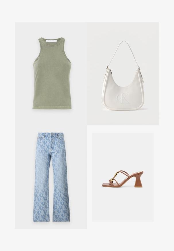Débardeur vert olive en coton doux, avec un col rond, sans manches et des bords cousus. Forme simple et ajustée.; Jeans en denim bleu clair à jambe large, présentant un motif intégral de lettres entrelacées dans une teinte légèrement plus foncée. Design classique à cinq poches.; Sandale marron à talon avec bout carré, talon bloc incurvé, fines brides et deux accents décoratifs circulaires dorés sur les brides.; Sac bandoulière en cuir blanc avec fermeture éclair, forme incurvée et logo CK en relief embossé sur le devant.
