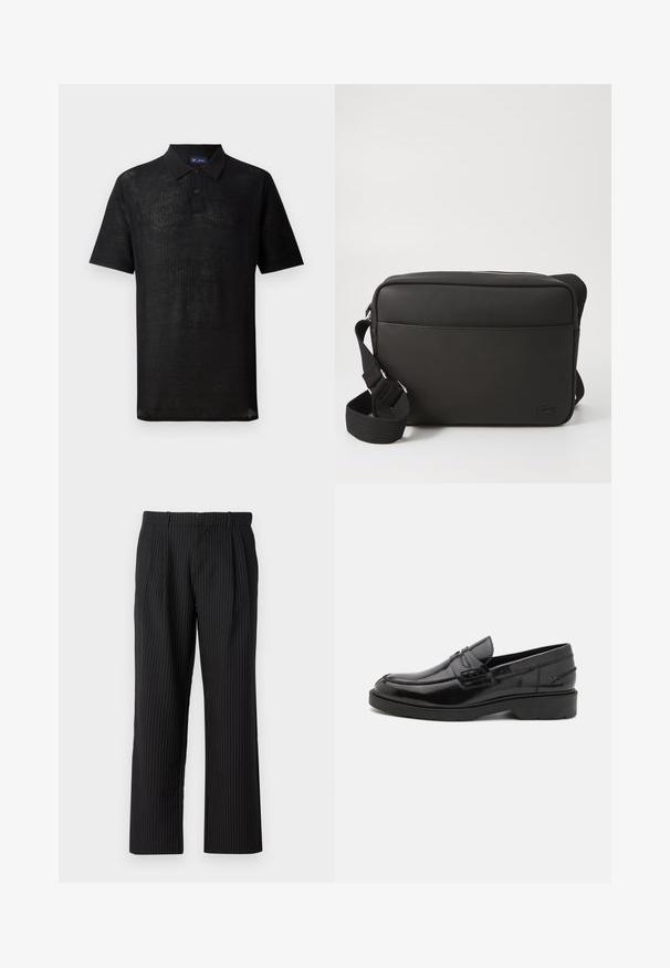 Polo noir en tissu tricoté texturé. Il présente des manches courtes, un col et une patte de boutonnage à trois boutons. Design léger, coupe décontractée.; Jack & Jones Classic Wide Leg Fit - Pantalon classique - black; Mocassins en cuir noir avec une finition lisse, un bout rond, un petit talon et descoutures décoratives à l'avant. Semelle en caoutchouc pour l'adhérence.; Sac messager noir en tissu texturé, avec une fermeture zippée, une bandoulière réglable et un logo en relief sur le panneau avant.
