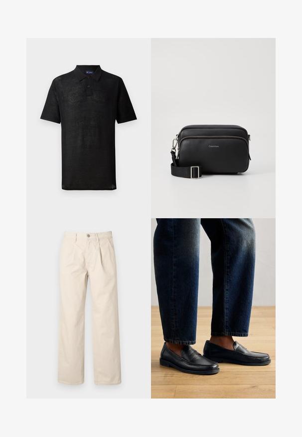 Camiseta polo negra hecha de un tejido de punto texturizado. Presenta mangas cortas, un cuello y una tapeta con tres botones. Diseño ligero, ajuste casual.; Pantalones de pierna ancha beige con cintura alta, que cuentan con pliegues frontales, cierre con botón en la parte delantera y una suave tela de algodón.; Mocasines de cuero negro con detalles de costura y acentos texturizados, combinados con denim oscuro, mostrando un diseño casual y estilizado.; Bolso bandolera de cuero negro con dos compartimentos con cremallera, acabado texturizado, correa ajustable y acentos de hardware en plata. Logo de Calvin Klein exhibido.