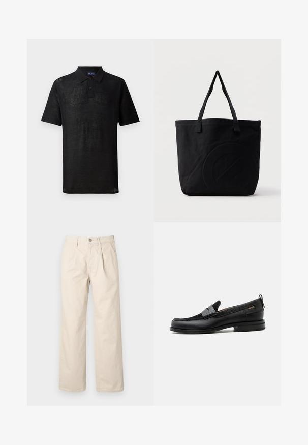 Polo noir en tissu tricoté texturé. Il présente des manches courtes, un col et une patte de boutonnage à trois boutons. Design léger, coupe décontractée.; Pantalons larges beiges à taille haute, avec des plis avant, une fermeture à bouton sur le devant et un tissu en coton lisse.; Mocassin en cuir noir avec détail de bride grise, talon bas et semelle texturée, marqué "HUGO" en or sur le côté.; Sac fourre-tout en toile noire avec deux bandoulières et un motif circulaire discret en relief sur le devant.