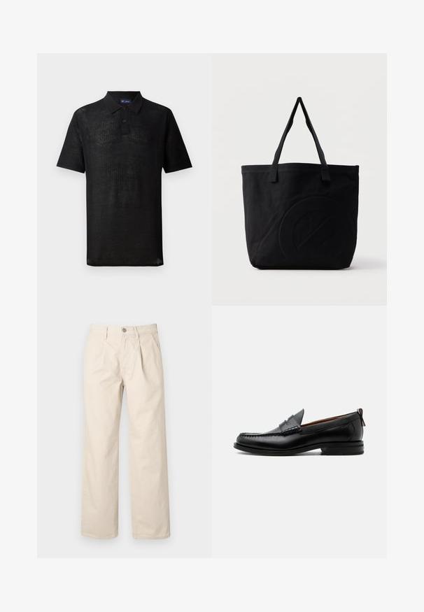 Camiseta polo negra hecha de un tejido de punto texturizado. Presenta mangas cortas, un cuello y una tapeta con tres botones. Diseño ligero, ajuste casual.; Pantalones de pierna ancha beige con cintura alta, que cuentan con pliegues frontales, cierre con botón en la parte delantera y una suave tela de algodón.; Mocasín de hombre de piel negra con costura moc toe, tira penny, cuello texturizado y tacón bajo apilado sobre fondo blanco.; Bolsa tote de lona negra con dos correas para el hombro y un diseño circular en relieve sutil en el frente.