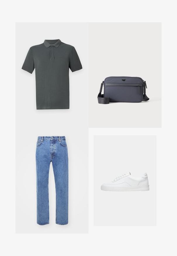Dunkelgrau Polohemd mit klassischem Kragen, kurzen Ärmeln und einem dezenten Logo. Hergestellt aus weichem Stoff mit glatter Textur.; Won Hundred STEVE - Jeans Relaxed Fit - cut blue; Weißer Sneaker mit niedrigem Schaft, Schnürdesign, glattem Lederobermaterial und dicker Sohle, von der Seite auf einfachem Hintergrund gezeigt.; Graue rechteckige Crossbody-Tasche mit vorderer Reißverschlusstasche, verstellbarem Schultergurt und kleinem schwarzem Logo vorne in der Mitte.
