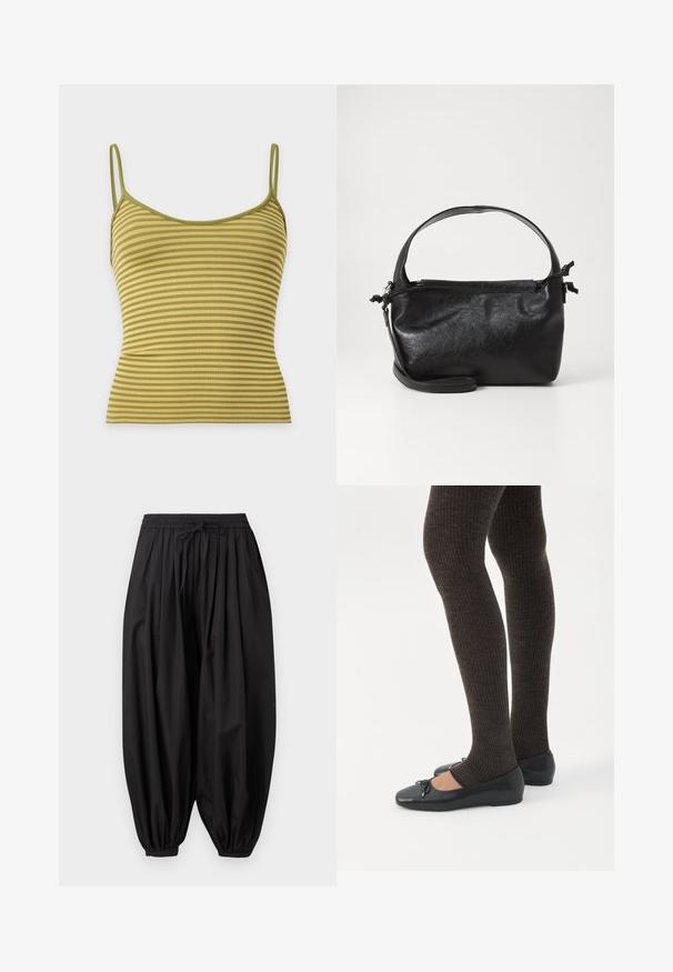 Πράσινο και μπεζ ριγωτό ριμπ ύφασμα crop top χωρίς μανίκια με λεπτές τιράντες ώμων σε απλό ανοιχτό φόντο.; Χαλαρό μαύρο βαμβακερό παντελόνι με ελαστική μέση και κορδόνι, με φαρδιά πόδια που στενεύουν προς ελαστικά τελειώματα στους αστραγάλους.; Πόδια με σκουρόχρωμα ριμπ κολάν συνδυασμένα με μαύρα μπαλαρίνα παπούτσια με μικρές λεπτομέρειες φιόγκων σε λευκό φόντο.; Μαύρη δερμάτινη τσάντα με δομικό σχέδιο, στρογγυλή λαβή από πάνω και αποσπώμενο λουρί ώμου. Διαθέτει λεία υφή και διακριτική γυαλάδα.