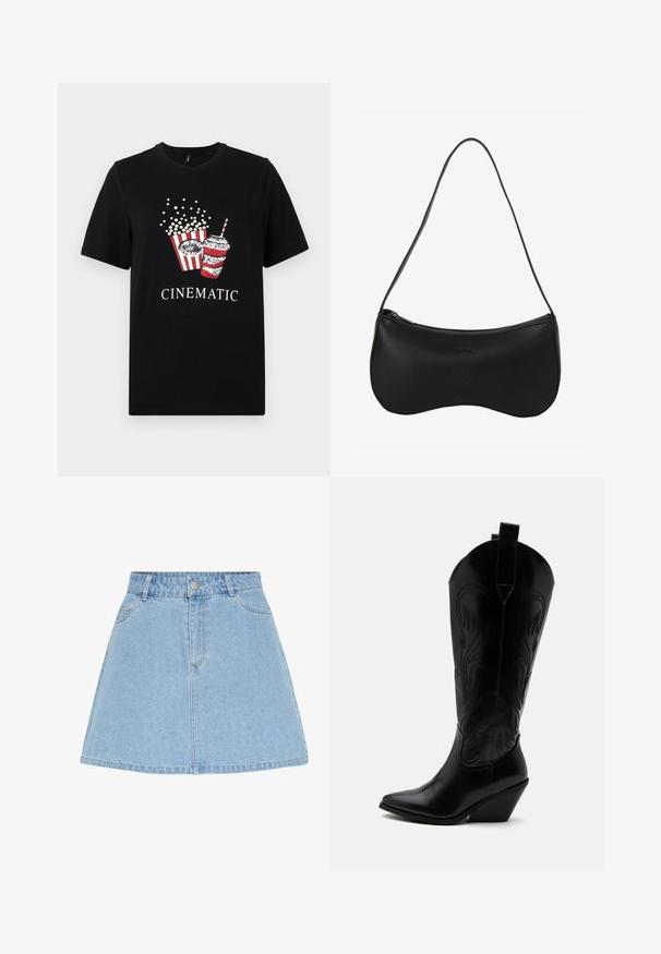 Zwart katoenen T-shirt met een grafisch ontwerp van popcorn en een drankje. Het ontwerp bevat rood-witte strepen, met het woord "CINEMATISCH" in het wit.; Lichtblauwe denim A-lijn rok met vooraan knopen en rits, ceintuurlussen en twee voorzakken.; Zwarte leren cowboylaars met puntige neus, schuine blokhak, decoratieve stiksels en aantreklusjes bovenaan tegen een witte achtergrond.; Zwarte leren schoudertas met een gebogen vorm, ritssluiting en een enkele dunne band; gladde textuur en subtiel geperst logo.
