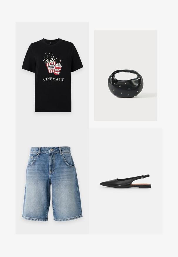 Schwarzes Baumwoll-T-Shirt mit einem Grafikmotiv von Popcorn und einem Getränk. Das Design enthält rot-weiße Streifen und das Wort "CINEMATIC" in Weiß.; Hellblaue Denim-Shorts mit geradem Schnitt, fünf Taschen und bronzefarbenen Beschlägen. Mit fransigem Saum und einer ausgewaschenen Waschung.; Schwarzer Leder Slingback-Schuh mit spitzer Zehenform, subtiler Glanz und verstellbarem Knöchelriemen. Flacher Absatz mit einer braunen Innensohle.; Schwarze Lederhandtasche mit abgerundeter Form, verziert mit silbernen Nietenakzenten und kurzem Griff. Glatte Struktur und Reißverschlussverschluss.
