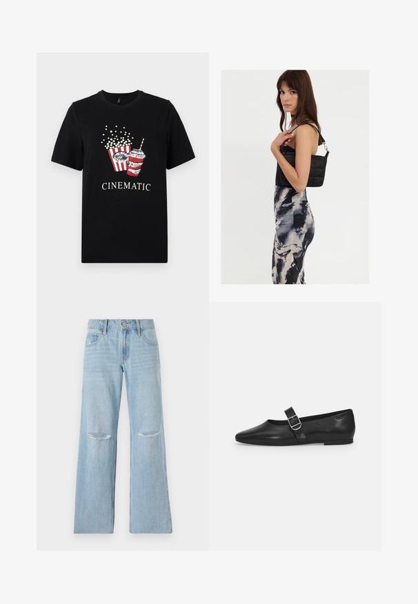 Schwarzes Baumwoll-T-Shirt mit einem Grafikmotiv von Popcorn und einem Getränk. Das Design enthält rot-weiße Streifen und das Wort "CINEMATIC" in Weiß.; Helleblaue Jeans aus Denim mit hoher Taille, weitem Bein und zwei aufgerissenen Knieflicken. Verfügt über Gürtelschlaufen und frontale Taschen.; Schwarzer Lederflatschuh mit runder Zehenform, einem verstellbaren Schnallenriemen und einer glatten, glänzenden Oberfläche. Minimalistisches Design mit einem niedrigen Absatz.; Schwarze gesteppte Schultertasche mit einem einzelnen Riemen und silberner Hardware, kombiniert mit einem figurbetonten Kleid im Batikmuster in Schwarz- und Cremetönen.