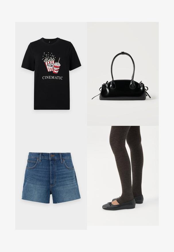 Zwart katoenen T-shirt met een grafisch ontwerp van popcorn en een drankje. Het ontwerp bevat rood-witte strepen, met het woord "CINEMATISCH" in het wit.; Denim shorts in medium blue, met een hoge taille, vier zakken en gestikte details. Gladde textuur met een klassieke snit.; Benen met donkere geribbelde leggings gecombineerd met zwarte ballerina's met kleine strikdetails op een witte achtergrond.; Kleine zwarte glanzende handtas met twee lange hengsels en zijkant trekkoord details op een effen lichte achtergrond.