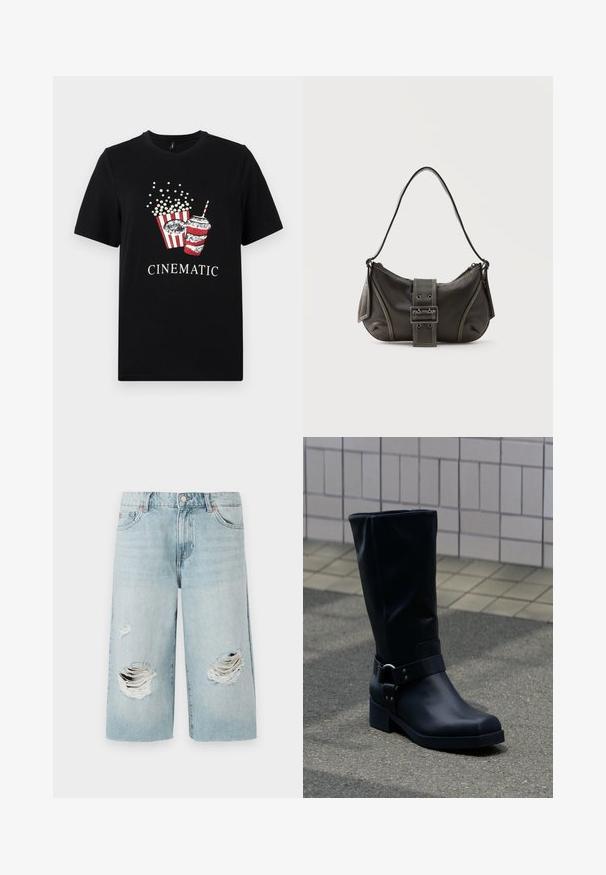 Zwart katoenen T-shirt met een grafisch ontwerp van popcorn en een drankje. Het ontwerp bevat rood-witte strepen, met het woord "CINEMATISCH" in het wit.; Lichtblauwe denimshorts met een losse pasvorm, voorzien van twee grote versleten scheuren aan de voorkant. Vijf zakken en een zichtbare metalen knoopsluiting.; Zwarte leren kuitlaars met een lage blokhak en een decoratieve riem met metalen gesp rond de enkel, op een betegeld trottoir.; Zwarte leren schoudertas met gespsluiting aan de riem, afgeronde hoeken en contrasterende witte stiksels op een effen achtergrond.