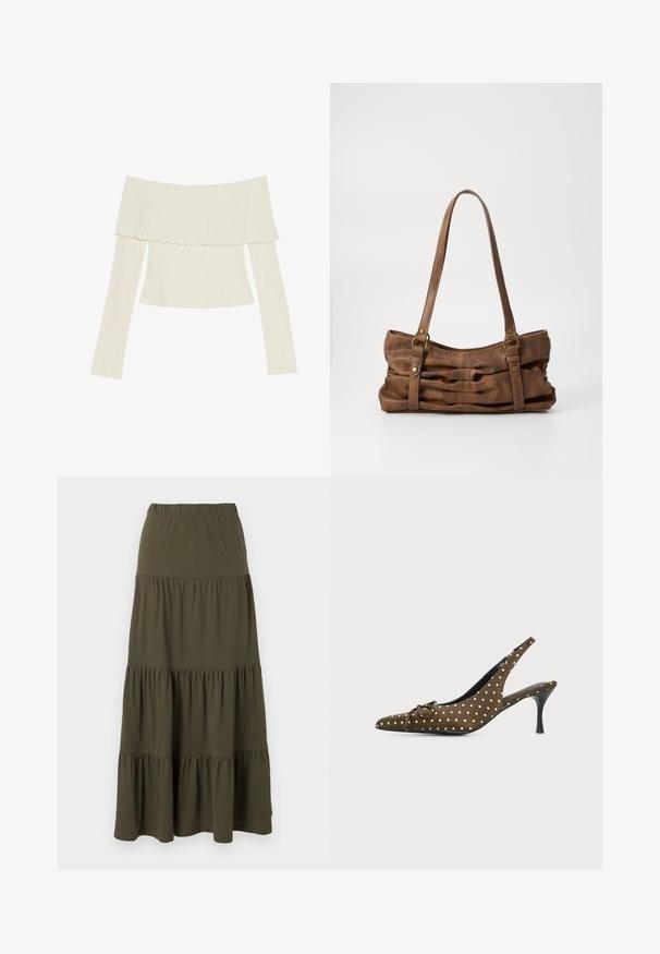 Off-the-shoulder ribbet top i cremefarve, med en flæset halsudskæring og lange ærmer med en tætsiddende silhuet. Overordnet glat tekstur.; Olivengrøn lagdelt maxi-nederdel med elastisk taljebånd og rynkede stofpaneler.; Brun slingback højhælet sko med hvide polkaprikker, spids tå, lille sløjfe og sort stilethæle på ensfarvet baggrund.; Even&Odd Håndtasker - brown