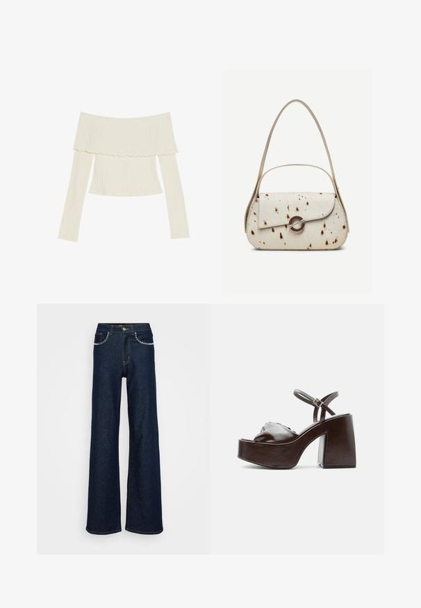 Off-the-shoulder ribbet top i cremefarve, med en flæset halsudskæring og lange ærmer med en tætsiddende silhuet. Overordnet glat tekstur.; Mørkeblå brede jeans lavet af denim, med høj talje, metalknaplukning og dekorative sting langs lommerne.; Mørkebrune læderplatformsandal med chunky blokhæl, åben tå og justerbar ankelrem med metal spænde.; Kremfarvet håndtaske med brune prikker, buet klap med rund metalspænde, med to tynde stropper, hvoraf den ene er længere til skulderbrug.