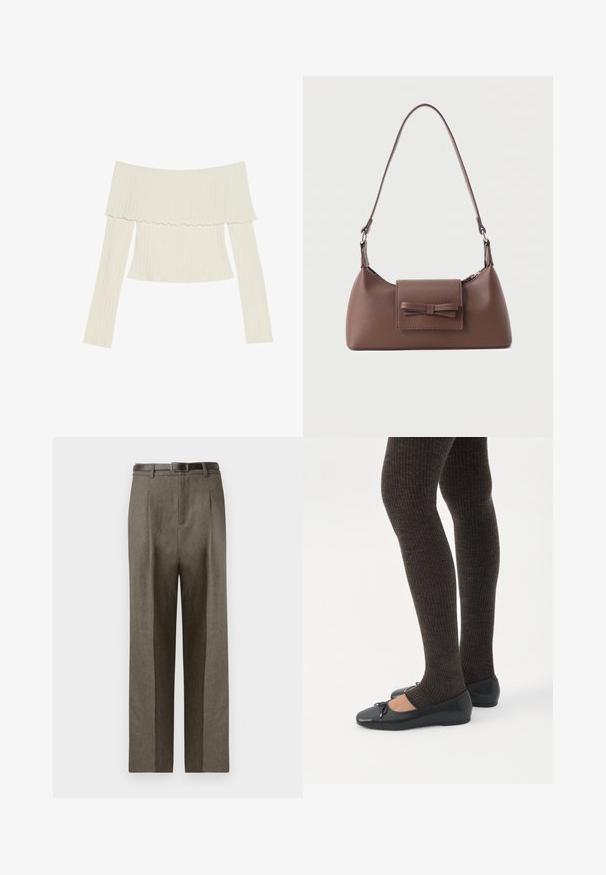 Off-the-shoulder ribbet top i cremefarve, med en flæset halsudskæring og lange ærmer med en tætsiddende silhuet. Overordnet glat tekstur.; Brune skræddersyede bukser med lige snit, der har en glat tekstur, bæltestropper og en flad frontdesign.; Ben iført mørke ribbede leggings kombineret med sorte balletsko med små sløjfedetaljer på hvid baggrund.; Brun skuldertaske i læder med en frontlomme med klap, der har en sydd sløjfedetalje, og en justerbar rem.