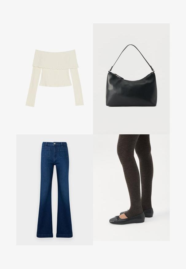 Off-the-shoulder ribbet top i cremefarve, med en flæset halsudskæring og lange ærmer med en tætsiddende silhuet. Overordnet glat tekstur.; Mørkeblå flared jeans lavet af denim, med høj talje, to baglommer og kontrastsyninger langs sømmene.; Ben iført mørke ribbede leggings kombineret med sorte balletsko med små sløjfedetaljer på hvid baggrund.; Sort skuldertaske i struktureret læder med buet toplynlås og enkelt justerbar rem mod ensfarvet baggrund.