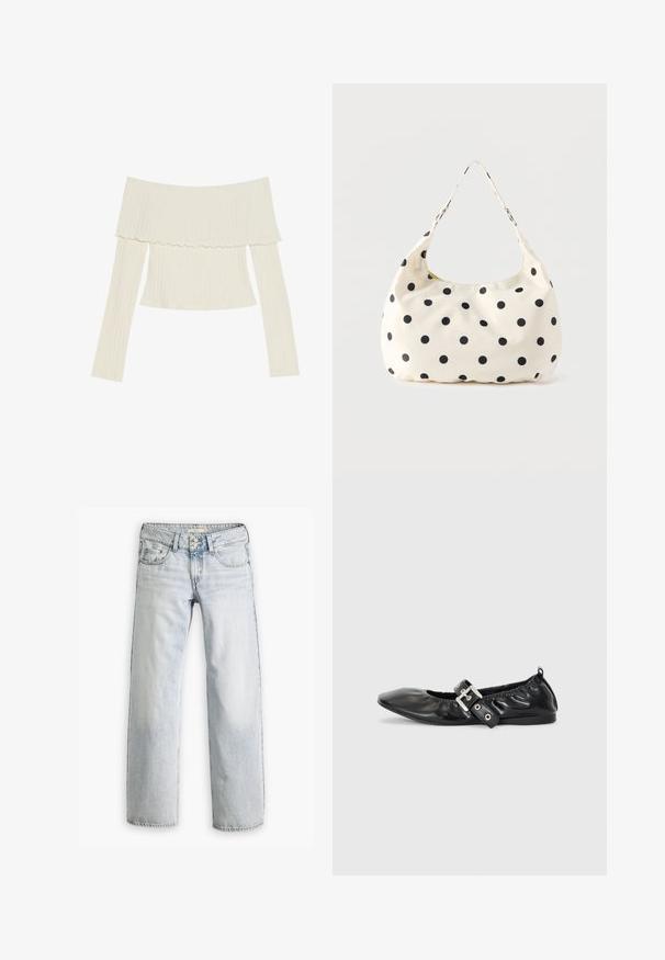Off-the-shoulder ribbet top i cremefarve, med en flæset halsudskæring og lange ærmer med en tætsiddende silhuet. Overordnet glat tekstur.; Lyseblå denimjeans med en afslappet pasform, høj talje og fem-lomme design. Har syning detaljer og knaplukning.; Sorte læder flade sko med spids tå, samling detaljer omkring åbningen, og en sølv spænde accent på den justerbare rem.; Håndtaske i cremefarvet stof med sorte polkaprikker og en enkelt skulderrem, vist mod en ensfarvet hvid baggrund.